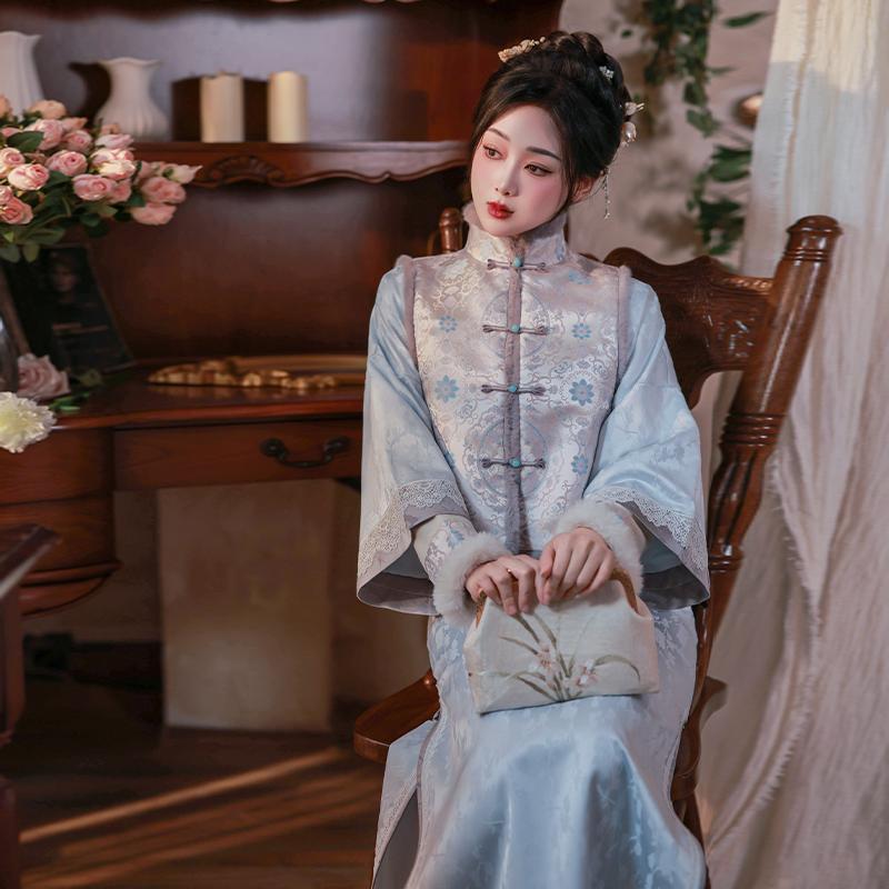 清冷感蓝灰配色仿宋锦提花马甲