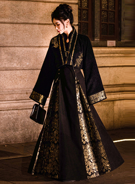 拟梦年年黑色三裥裙 宋制汉元素刺绣织金贵气千金风小个子显高瘦