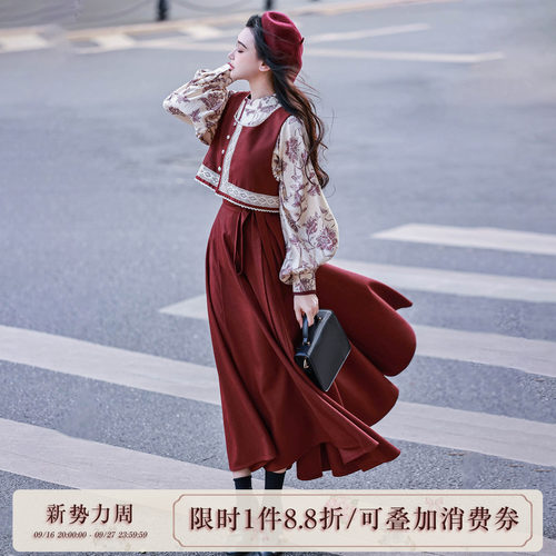 拟梦木兰 原创汉服汉元素圆领衫马甲破裙秋冬复古酒红日常通勤女