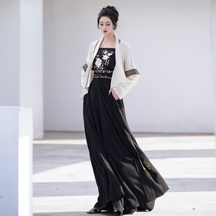 拟梦国风原创微凉日常通勤汉服刺绣吊带黑色宋裤 宋制秋 人丝飞机袖