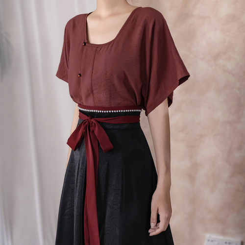 拟梦青釉染短袖版 原创唐制汉服半臂半袖破裙春夏女日常通勤套装