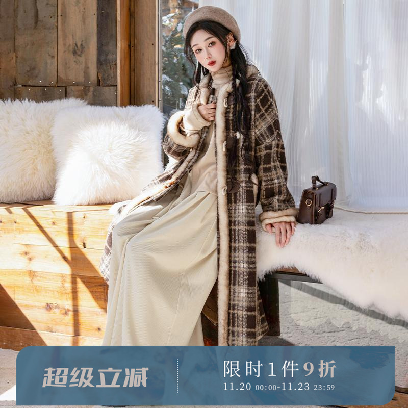 拟梦加绒外套有口袋的格子长袄