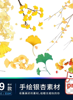 手绘风唯美秋季黄色银杏树叶PNG免扣透明背景设计装饰素材