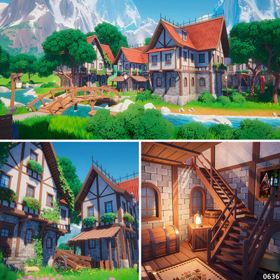 unity3d中世纪村庄场景模型卡通中古小镇建筑房子室内u3d素材urp