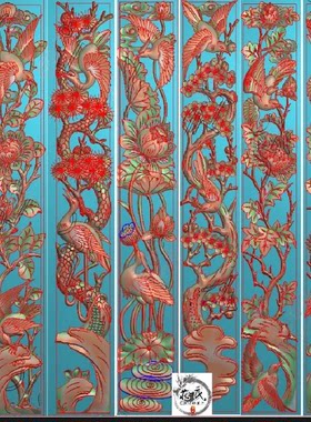 花鸟梅花松鹤荷花芙蓉月季牡丹竖屏风祠堂精雕图浮图5.21JDP带线