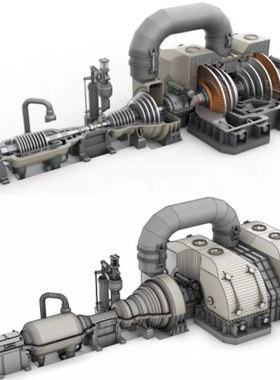 Blender 3dmax蒸汽涡轮发电机冷凝式汽轮机准确比例3D模型图纸C4D