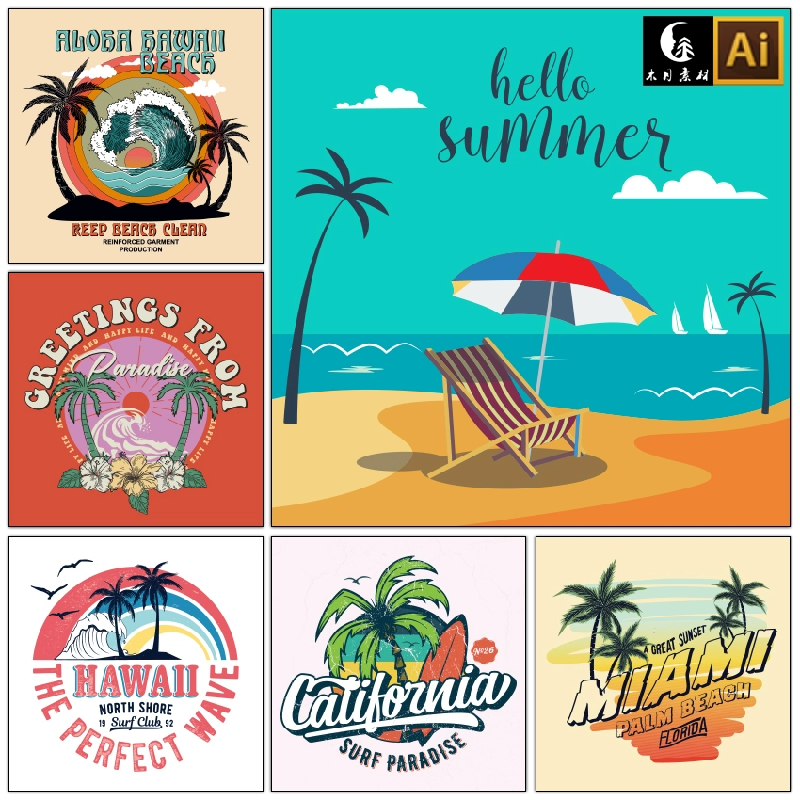 夏威夷大海洋椰树沙滩度假风景插画海报T恤印花图案矢量图片素材