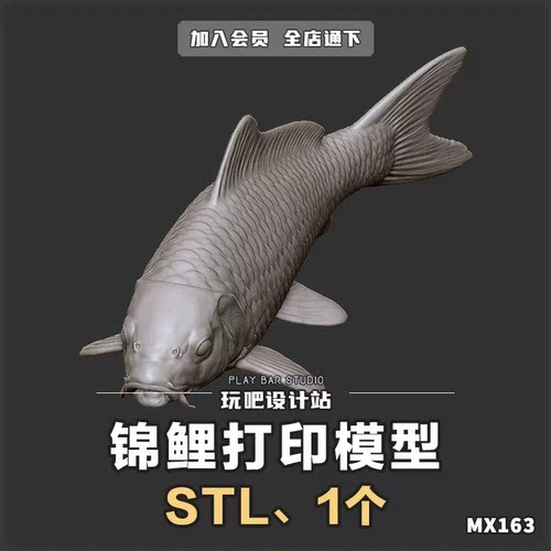 淡水鱼类亚洲大锦鲤STL三维模型3D打印圆雕图纸C4D手办建模参考