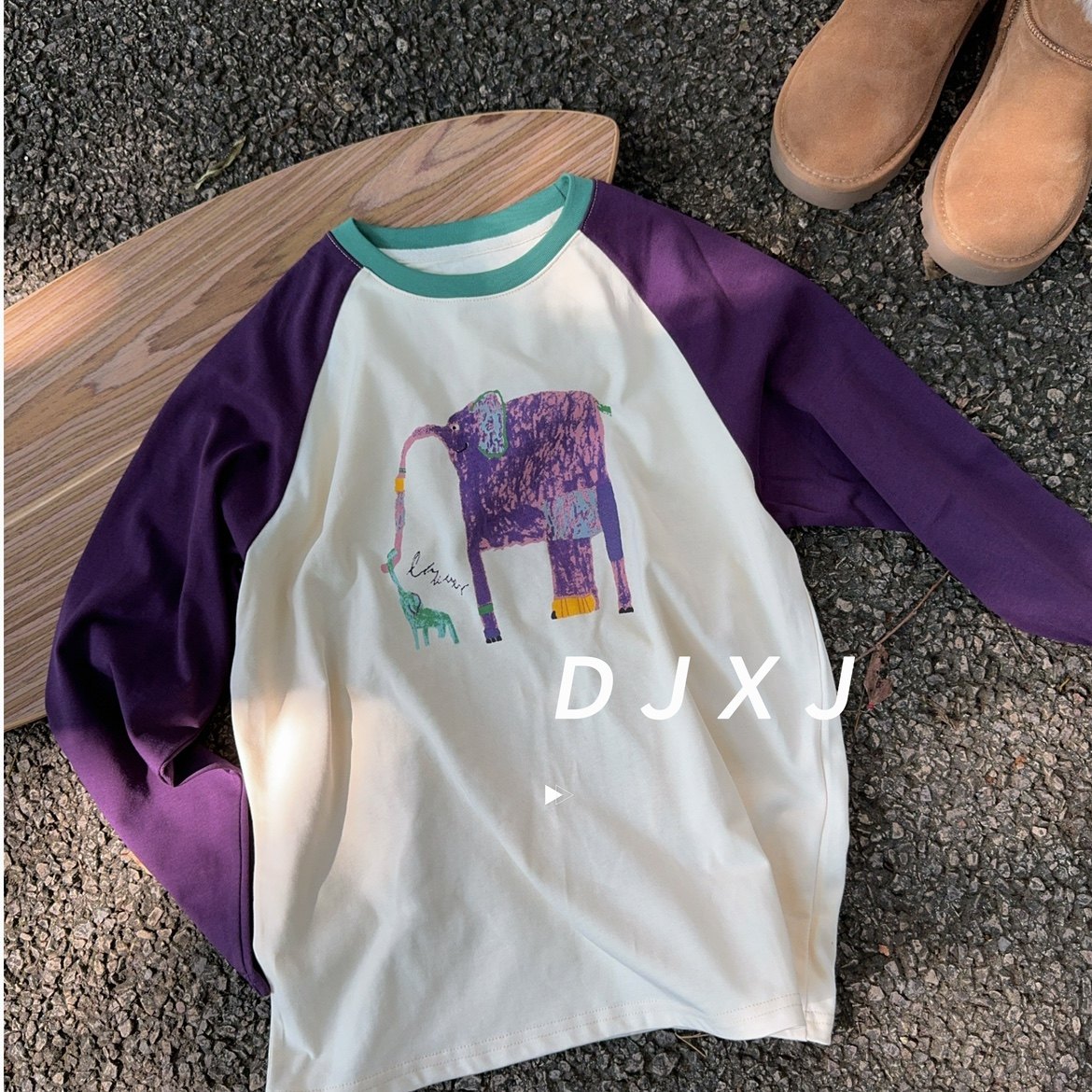 女童长袖T恤25春秋儿童大象打底衫拼色卡通上衣潮女孩宽松内搭t