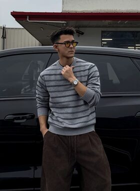 秋季男士亨利领条纹宽松毛衣