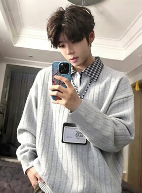 美式复古条纹Polo领卫衣男秋冬