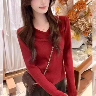 红色V领针织毛衣打底衫女秋冬2026欧货内搭时髦洋气圣诞新年上衣