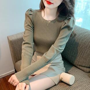 2026韩版圆领长袖毛衣女泡泡袖针织衫打底衫上衣潮2026新款热词