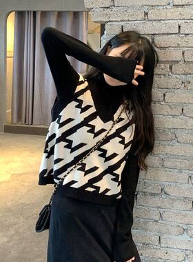 秋冬针织马甲高领打底女两件套