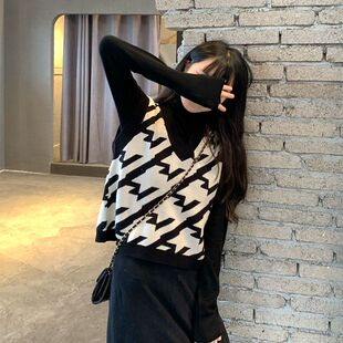 秋冬针织马甲宽松短款无袖毛衣+高领长袖打底衫套装女气质两件套