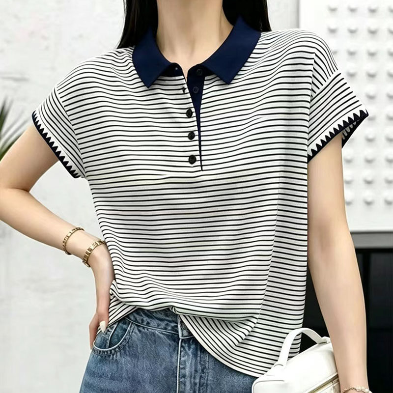 冰丝面料休闲风条纹POLO领短袖T恤女夏宽松百搭高级感上衣
