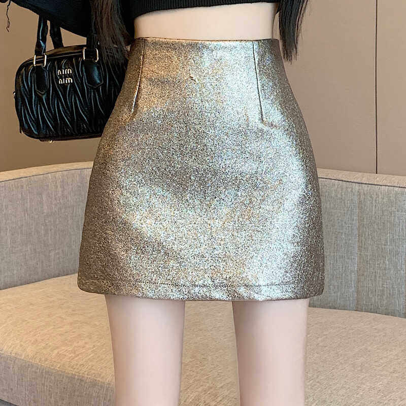 亮闪闪PU皮裙女半身裙子秋冬小个子百搭高腰遮胯显瘦a字包臀短裙