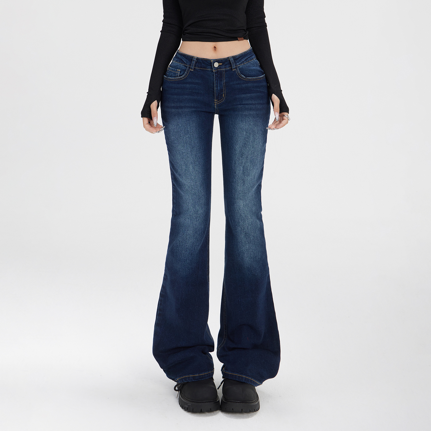 美式复古低腰微喇牛仔裤女春秋新款辣妹百搭修身显瘦弹力拖地长裤