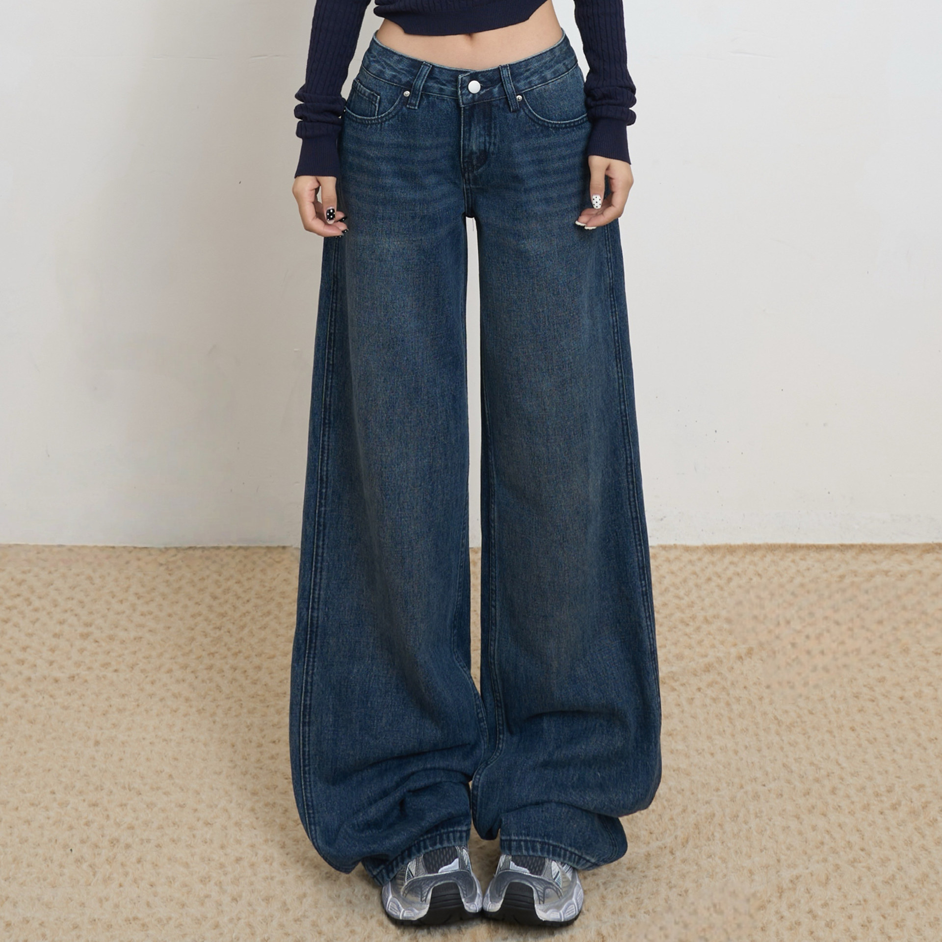 深蓝阔腿牛仔裤女春秋新款辣妹松弛感垂感显瘦低腰直筒拖地长裤子