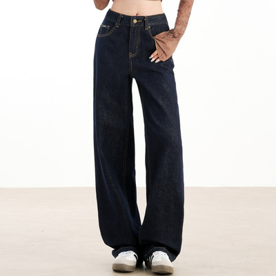 复古丹宁原色高腰窄版阔腿牛仔裤