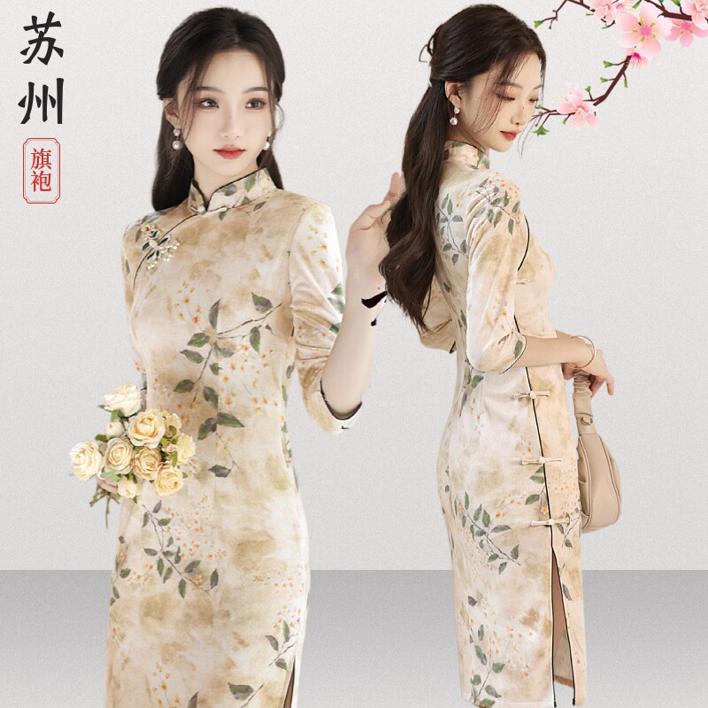 民国碎花日常旗袍改良麂皮绒苏州