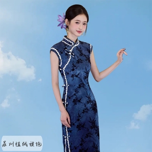 新中式轻奢优雅植绒弹力收腰显瘦短袖模特迎宾服2025新款苏州旗袍