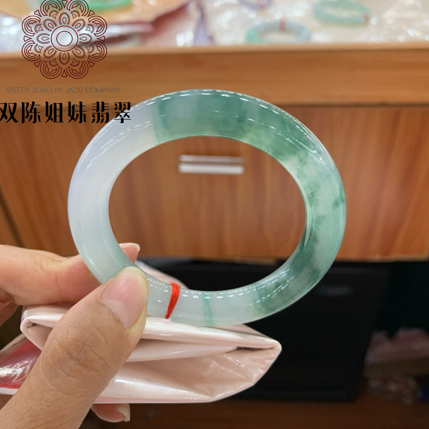 双陈姐妹珠宝54.6圆条缅甸天然翡翠A货冰租飘花手镯女款玉石镯子