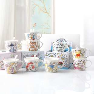 迪士尼杯子马克杯带礼盒勺学生卡通陶瓷杯水杯家用牛奶咖啡杯