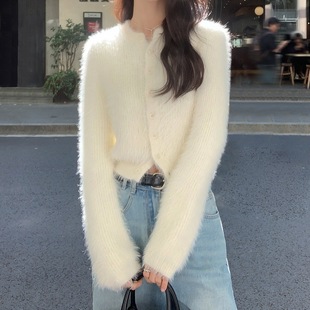 韩版 小个子气质慵懒打底上衣 复古圆领开衫 毛衣女2024秋冬新款
