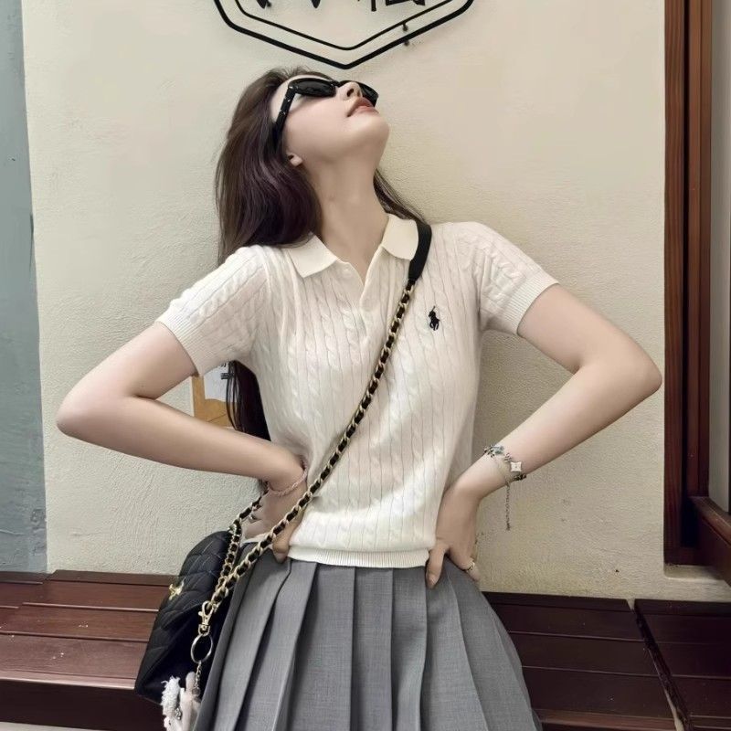 独特polo翻领t恤小衫女绝美麻花针织短袖夏季法式刺绣设计感上衣