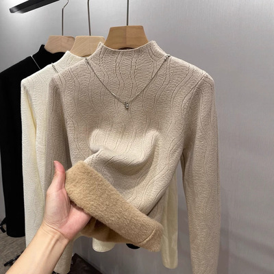 半高领保暖一体绒毛衣女秋冬季高级感内搭加绒加厚长袖打底衫上衣