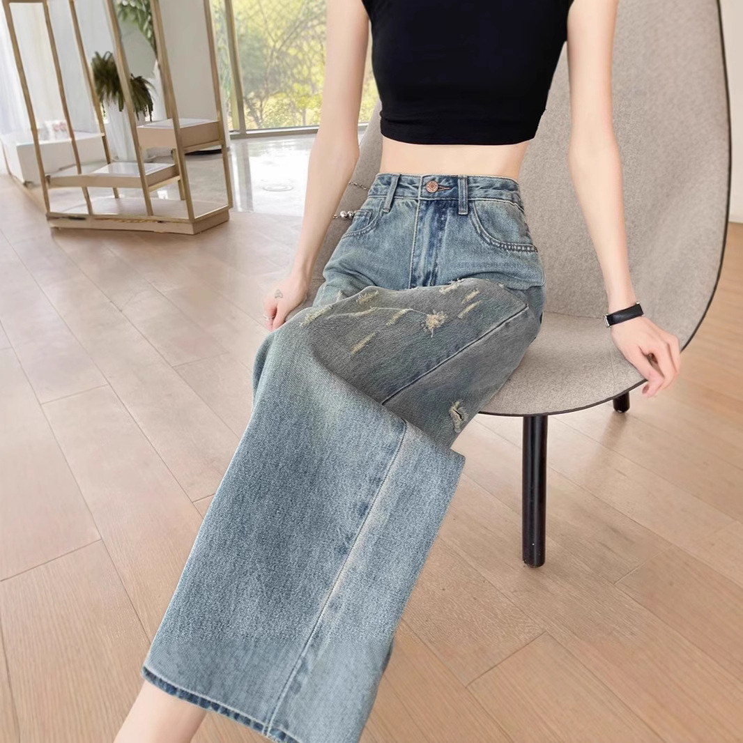 破洞阔腿牛仔裤女高腰2025年春秋新款宽松遮胯显瘦浅色直筒拖地