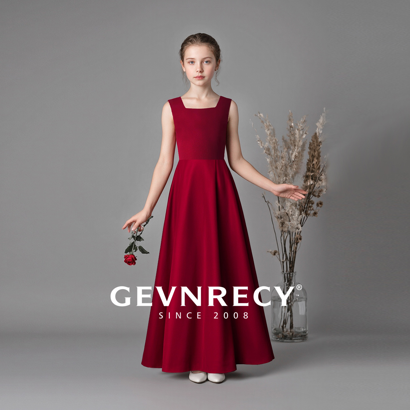 GEVNRECY女童礼服高端酒红色修身方领公主裙儿童钢琴主持人演出服