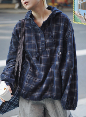STILLYOU复古中性藏蓝撞色格子连帽灯芯绒衬衫套头半开襟长袖衬衣