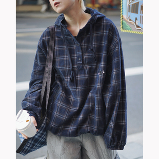 STILLYOU复古中性藏蓝撞色格子连帽灯芯绒衬衫 衬衣 套头半开襟长袖
