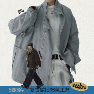 STILLYOU复古个性 外套宽松帅气拉链飞行夹克 做旧擦色水洗立领工装