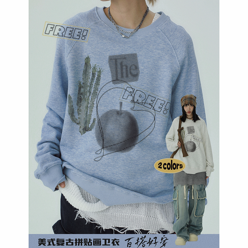 STILLYOU复古图案印花插肩袖卫衣