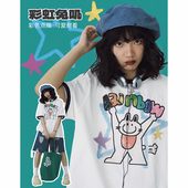 STILLYOU原创彩虹兔叽涂鸦印花白色短袖 T恤女宽松撞色t shirt上衣