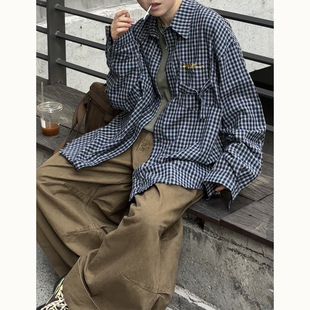 衬衣春秋 女宽松口袋衬外套式 STILLYOU复古中性小刺绣格子长袖 衬衫