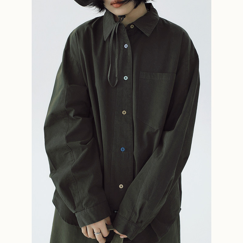 STILLYOU个性简约纯色长袖衬衫女宽松休闲潮感彩扣子领带门襟衬衣
