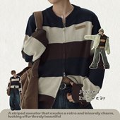 STILLYOU复古慵懒条纹撞色圆领毛针织开衫 女显瘦小个子毛衣外套新