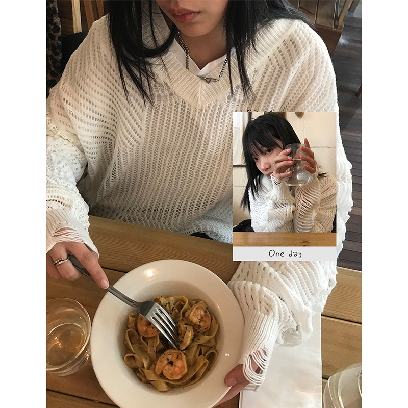 STILLYOU个性镂空V领破洞针织衫