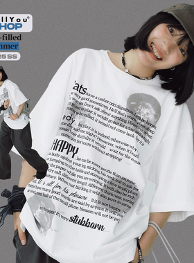 STILLYOU原创街头趣味小猫咪字母印花圆领短袖T恤女宽松白色半袖