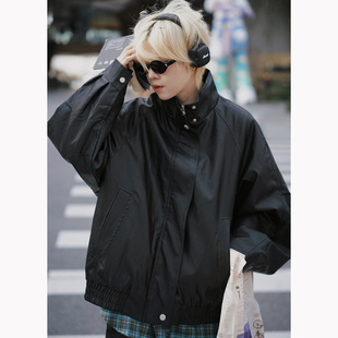 STILLYOU自制中性帅气立领黑色PU皮衣外套女宽松插肩袖 夹棉皮夹克