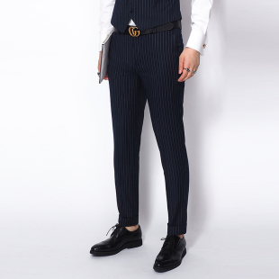 商务裤 韩版 英伦青年修身 西装 川泽欧美条纹卷边小脚西裤 十分裤 男士