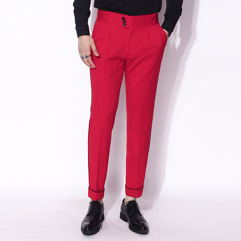 川泽红色休闲包边西装裤男士新款韩版修身时尚新郎裤子卷边十分裤