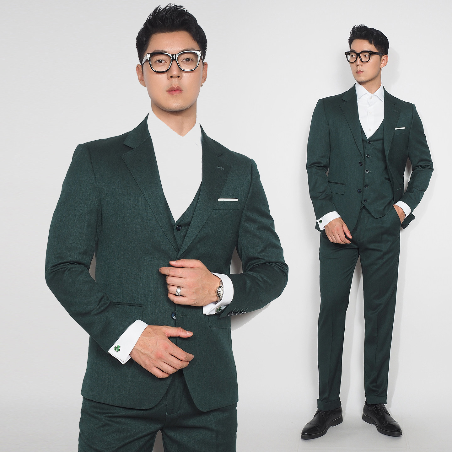 川泽男装墨绿色韩风时尚西装修身通勤百搭流行纯色西服三件套装潮