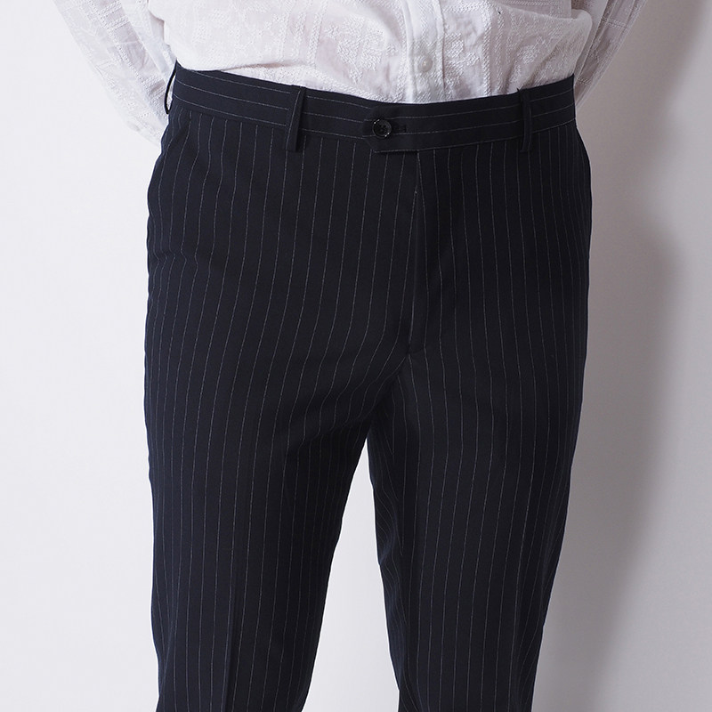 川泽藏青色条纹卷边小脚西装裤男士轻商务裤英伦风青年修身十分裤