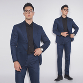 川泽男装 通勤百搭上班西服两件套 韩版 深蓝色喑条纹轻商务西装 修身