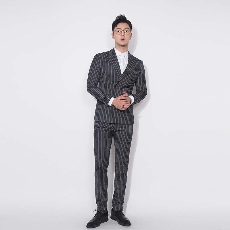 川泽男士条纹双排扣西装两件套新款韩版修身西服套装羊毛混纺套西